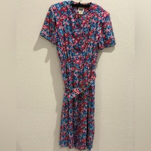 Leslie Fay Vintage Blue and Red Ruched Smocked Midi Sundress